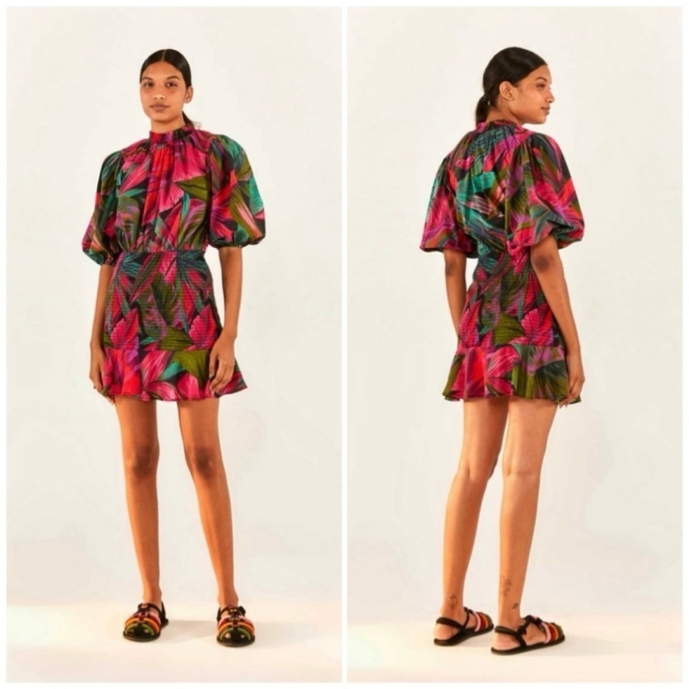 FARM Rio Smocked Dress Women’s S Midnight Leaves Mini Ruffle Puff Sleeve Cotton